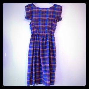 Vintage Plaid Midi Short-sleeve A-Line Dress EUC